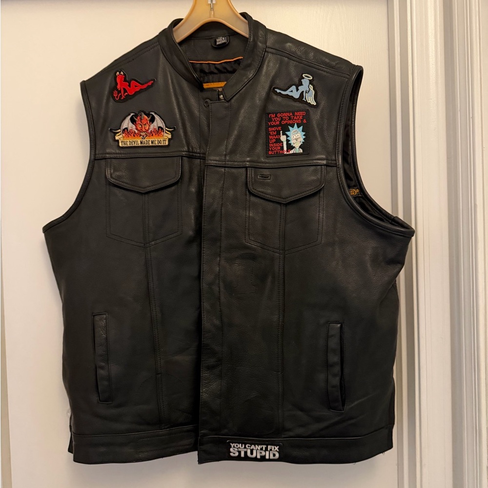 Vintage Black Leather Motorcycle Vest With Patches Daniel Smart Leather Co.